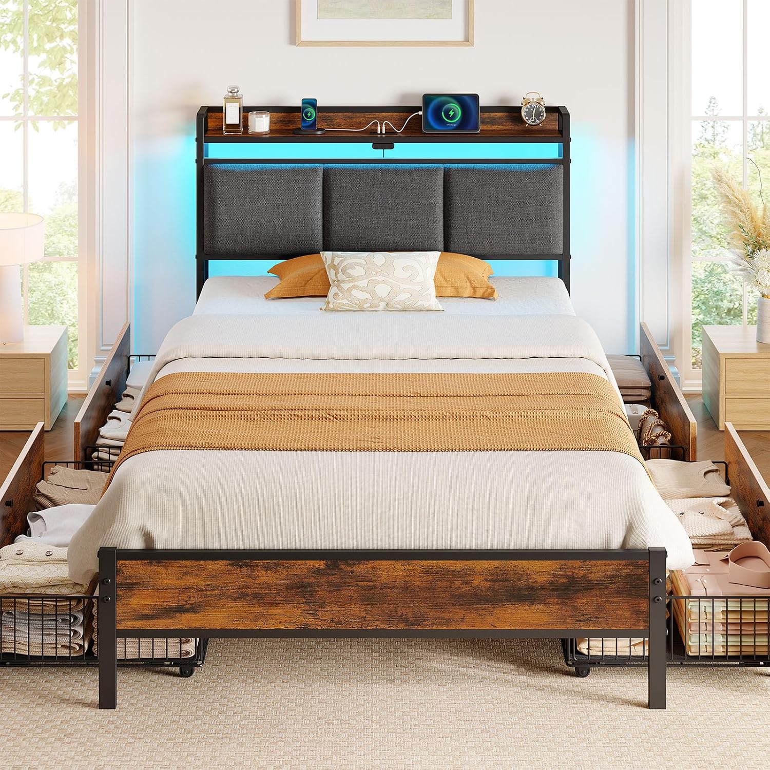 Rolanstar Bed Frame Twin Size with Charging Station and LED Lights, Upholstered Storage Headboard with Drawers, Heavy Duty Metal Slats, No Box Spring Needed, Easy Assembly, Rustic Brown