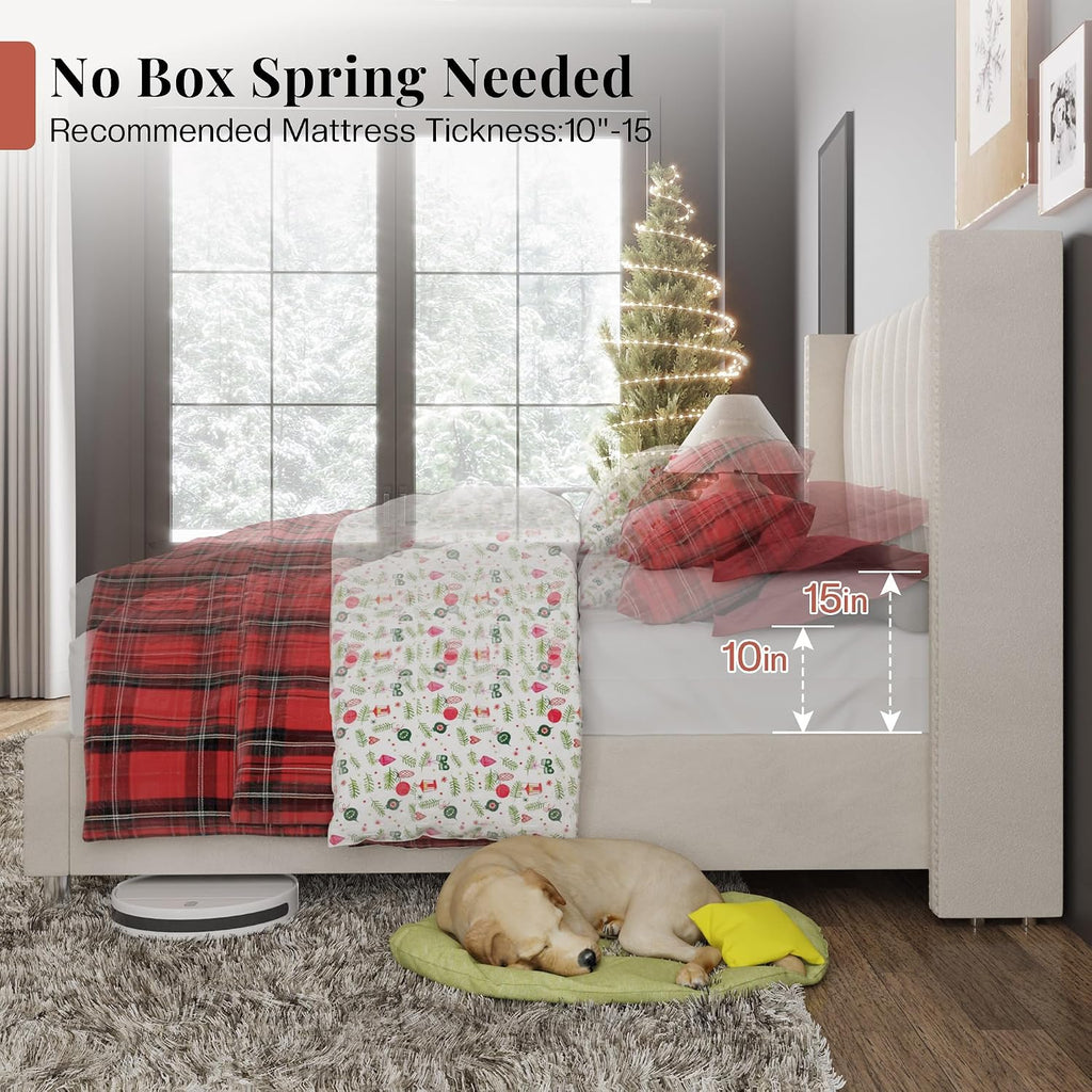 Jocisland King Bed Frame with 49.2' Tall Wingback Headboard,Velvet Upholstered Platform Bed for Cozy Master Bedrooms & Modern Homes,No Box Spring Needed, Easy Assembly, Cream