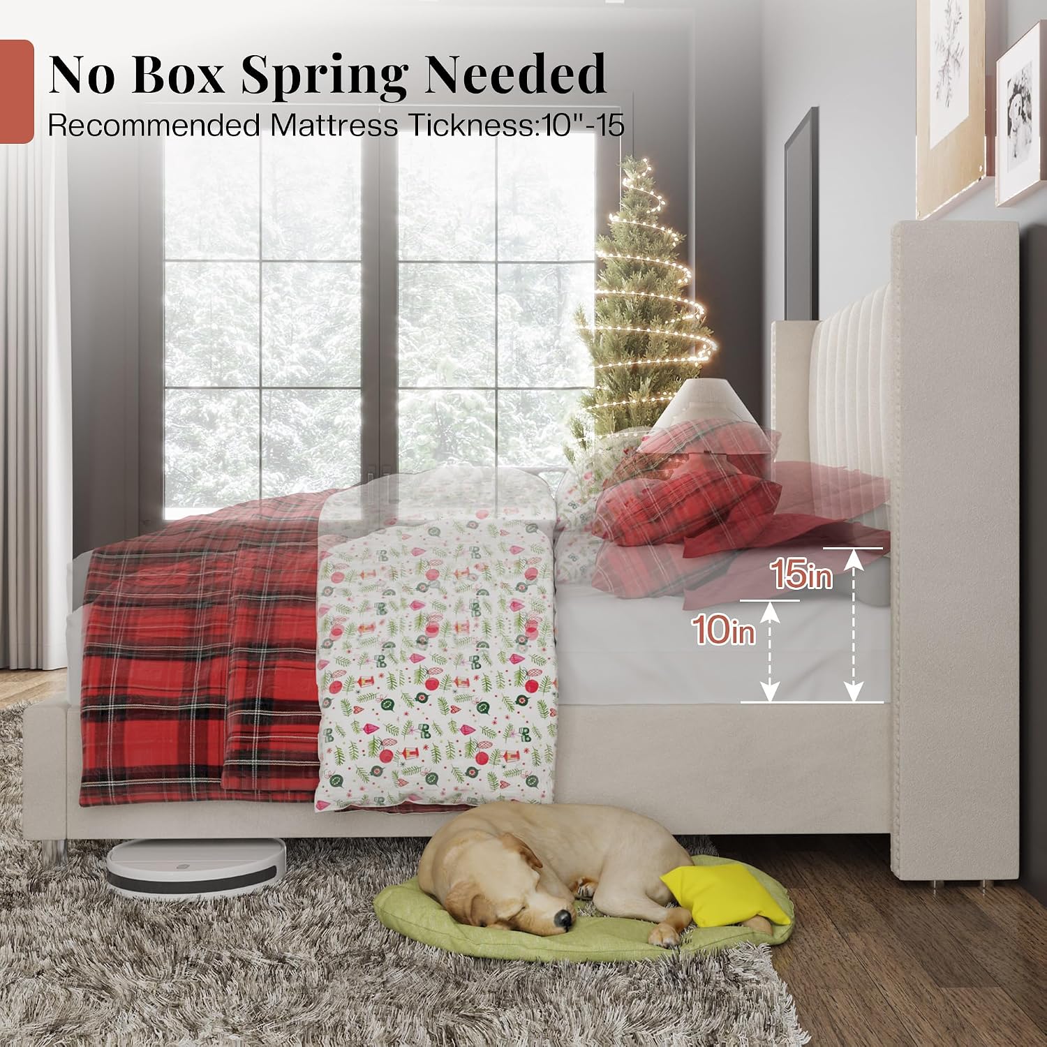 Jocisland King Bed Frame with 49.2' Tall Wingback Headboard,Velvet Upholstered Platform Bed for Cozy Master Bedrooms & Modern Homes,No Box Spring Needed, Easy Assembly, Cream