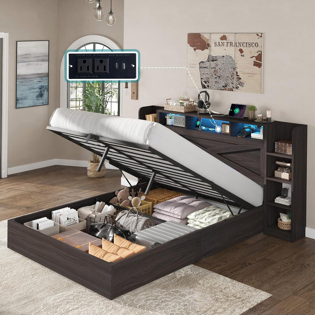 AMERLIFE Queen Size Lift Up Storage Bed Frame, 45.1' LED Bed Frame with 2 Side Shelves & Bookcase Headboard, Farmhouse Wood Platform Bed with Charging Station, No Box Spring Needed, Black