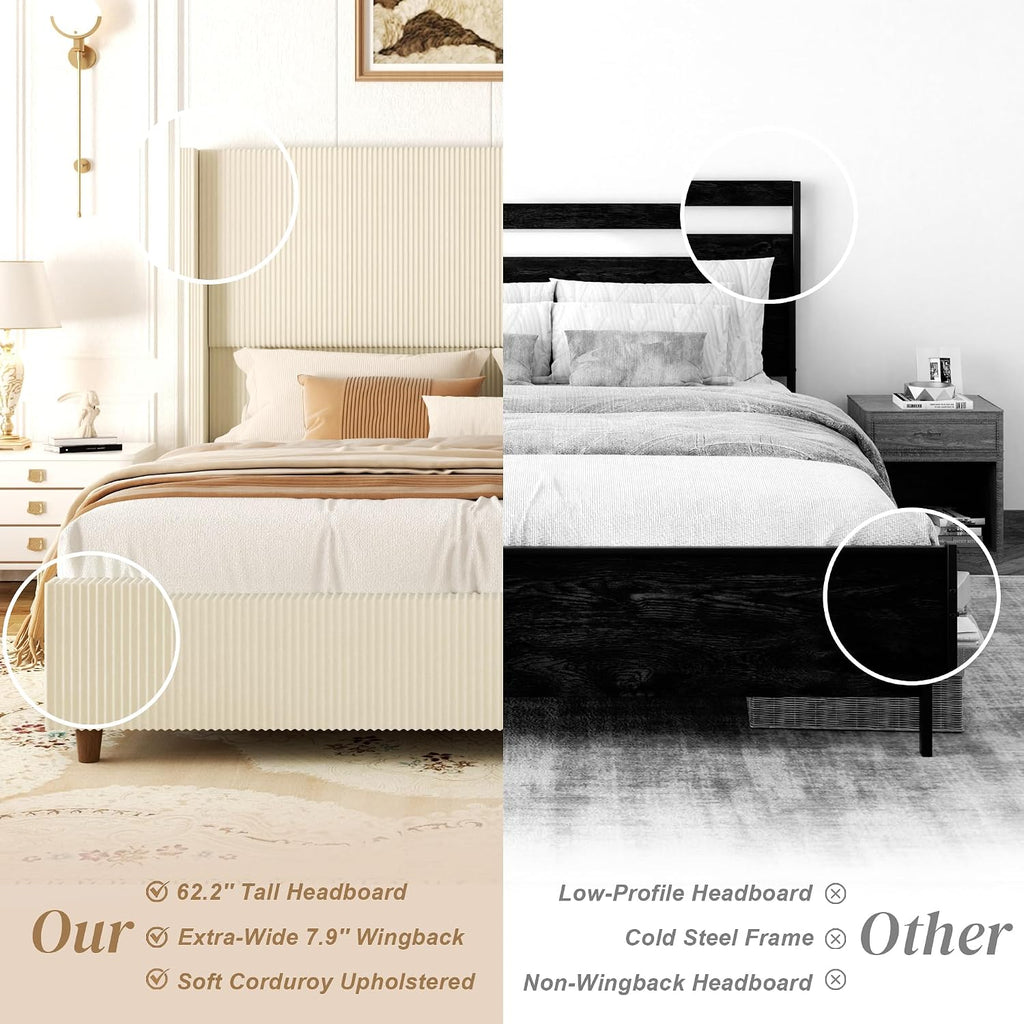 Sismplly 62'' Tall King Size Bed Frame with Corduroy Upholstered Platform Bed, Extra Wingback Headboard and Vertical Stripe, Box Spring Option, Solid Wood Slats, Noise Free, Beige-Yellow