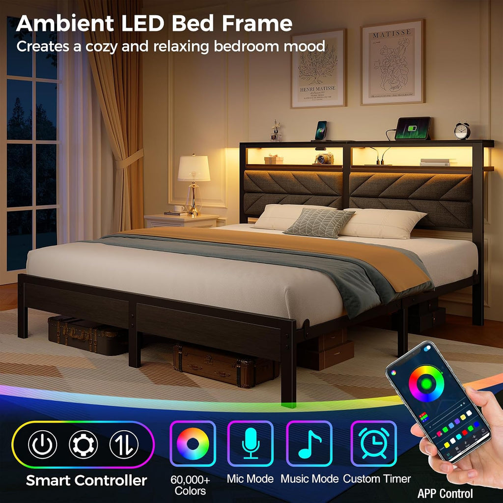 Seventable Bed Frame King Size with Charging Station, LED Bed with Upholstered Storage Headboard, Metal Platform Bed with Under Bed Storage, No Box Spring Needed, Noise Free, Easy Assembly, Grey