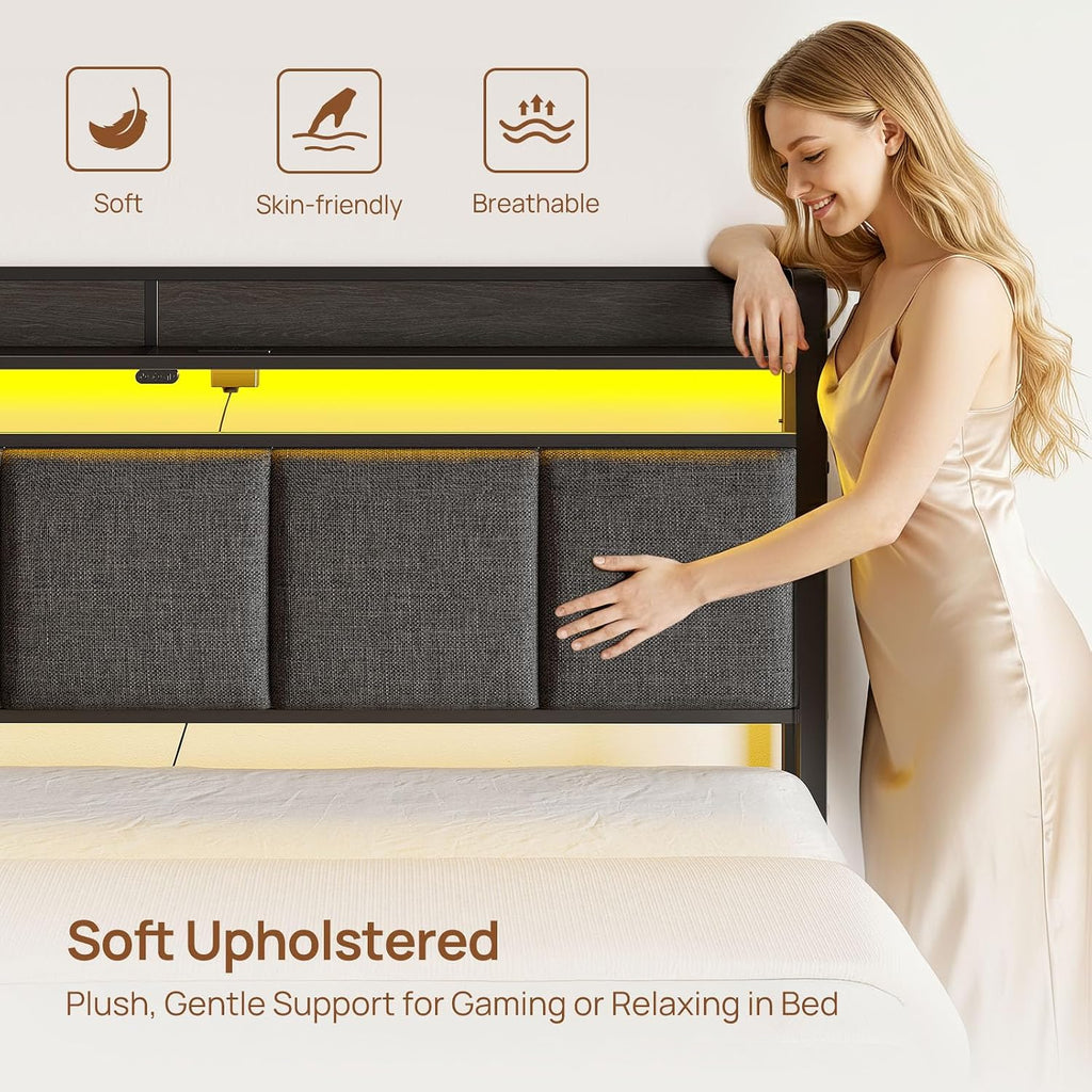 Rolanstar Bed Frame Queen Size with Charging Station and LED Lights, Upholstered Storage Headboard with Drawers, Heavy Duty Metal Slats, No Box Spring Needed, Noise Free, Easy Assembly, Dark Grey
