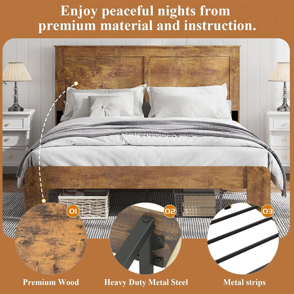 Wooden Bed Frame Queen Size with Headboard, Farmhouse Platform Bedframe with Metal Slat Support, Sturdy Framework Bed Frame, Easy Assembly (Rustic Brown)