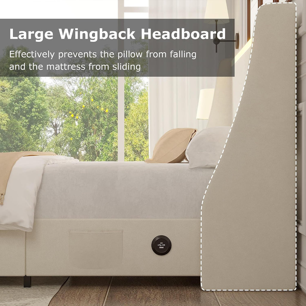 VECELO Full Size Bed Frame with Storage Drawers, Upholstered Platform Bedframe with Wingback Headboard, No Box Spring Needed, Beige
