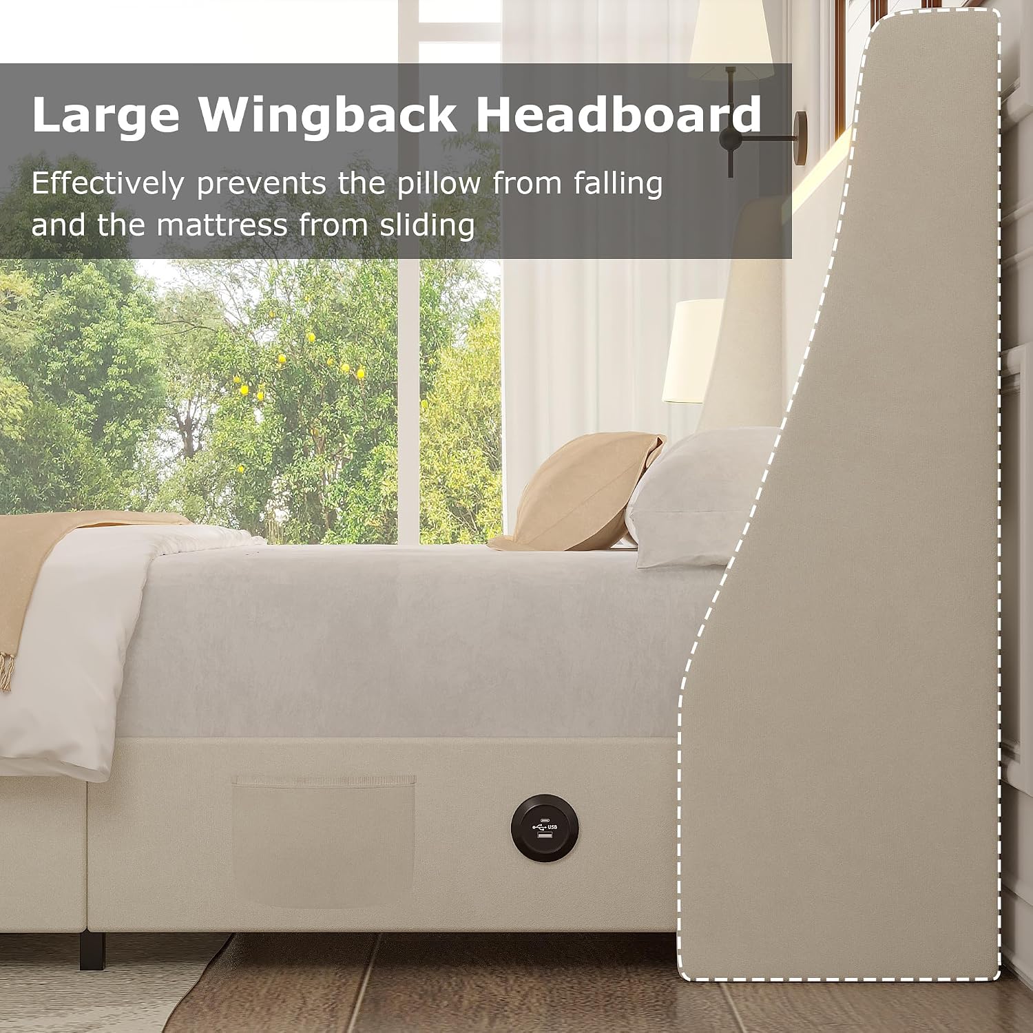 VECELO Full Size Bed Frame with Storage Drawers, Upholstered Platform Bedframe with Wingback Headboard, No Box Spring Needed, Beige