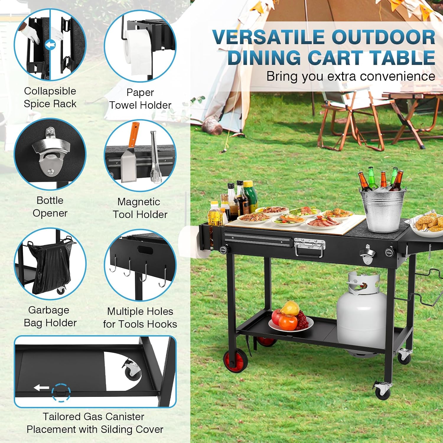 IRONWALLS Commercial Electric Countertop Griddle 22 Inch and Tabletop Griddle Stand, Folding Grill Cart on Wheels, Movable Food Prep Table for Patio, Camping