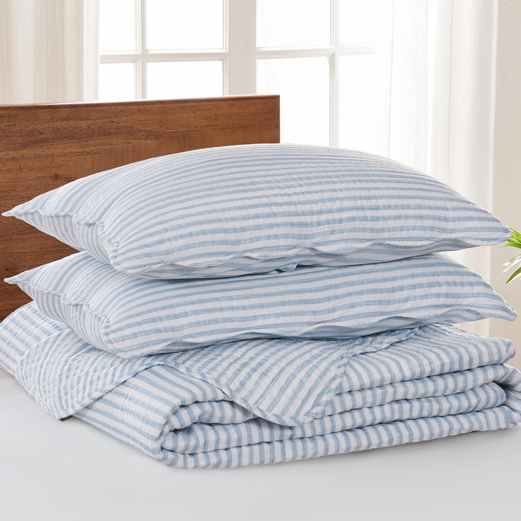 Levtex Home Martha Stripe Blue Reversible King Bedspread Set (120x106in) with 2 Pillow Shams (36x20in) - Stripe Bedding - Blue, White - Cotton King Size Bedspread Bedding Set - Lightweight, Soft