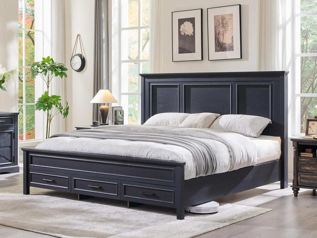 JXQTLINGMU Farmhouse Queen Wood Bed Frame with 52' Tall Headboard & 20' H Footboard, Platform Bedframe with Hidden Storage Drawers, Noiseless, No Box Spring Required, Black