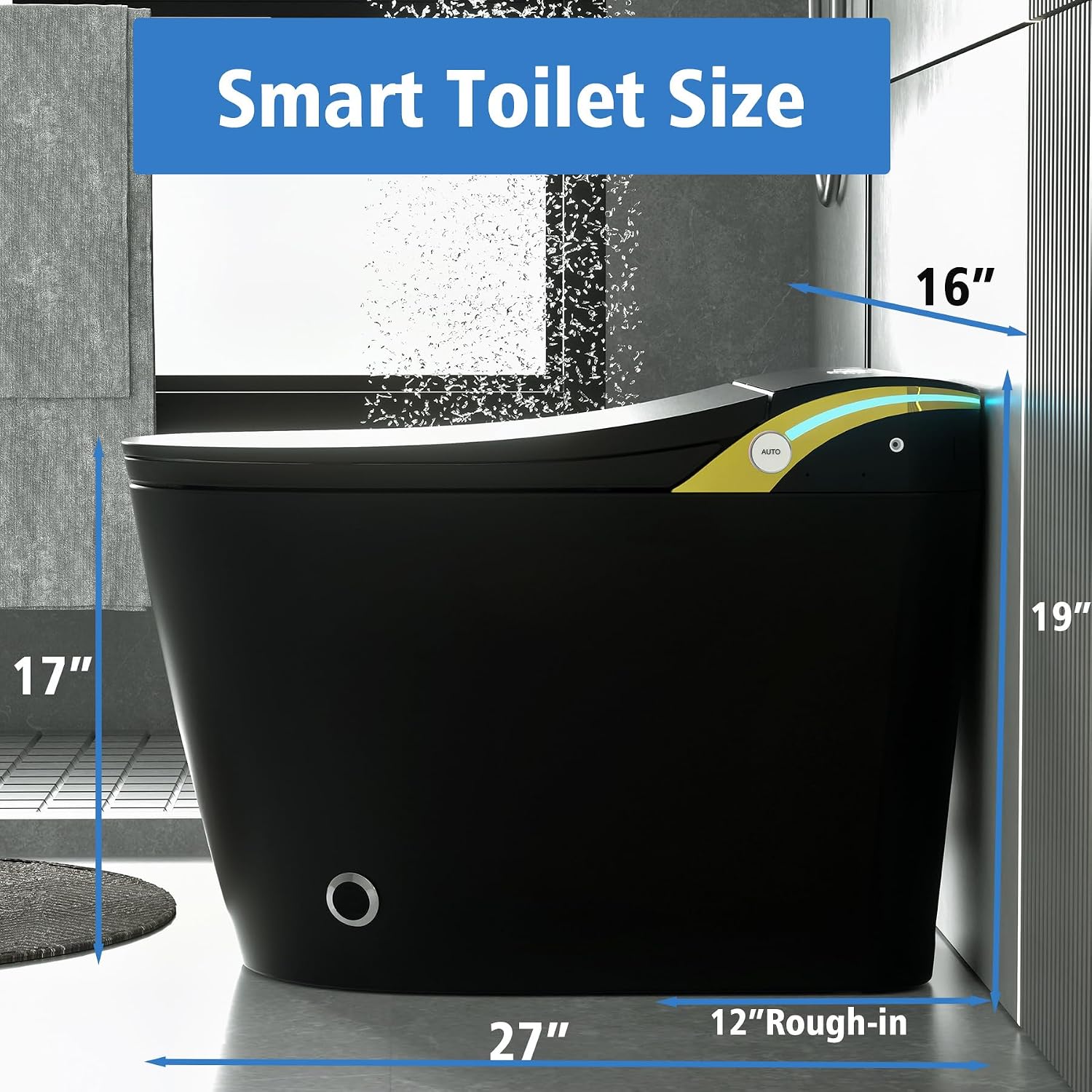 SouNor Black Smart Toilet with Bidet Built In, Heated Seat, Warm Water and Dry,ADA Comfort Height Foot Sensor and Night Light, Auto Flush, Auto Open & Close Lid