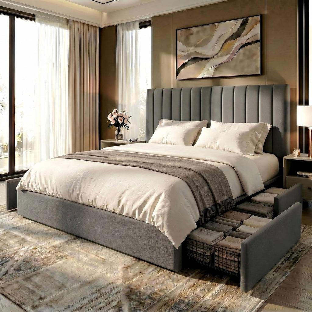 SHA CERLIN King Size Platform Bed Frame with 4 Storage Drawers, Vertical Channel Tufted Adjustable Headboard, Velvet Upholstered, Wooden Slats Support, No Box Spring Needed, Easy Assembly, Grey