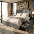 SHA CERLIN King Size Platform Bed Frame with 4 Storage Drawers, Vertical Channel Tufted Adjustable Headboard, Velvet Upholstered, Wooden Slats Support, No Box Spring Needed, Easy Assembly, Grey