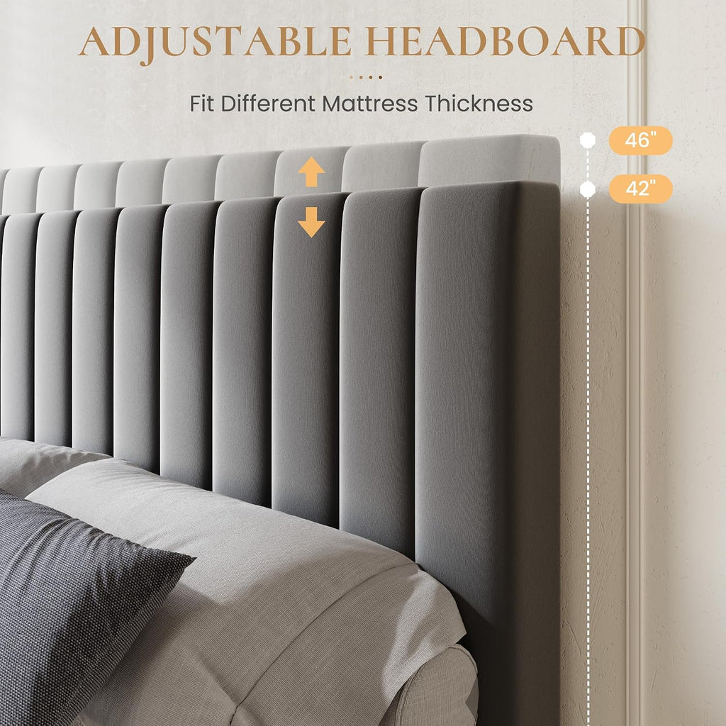 SHA CERLIN King Size Platform Bed Frame with 4 Storage Drawers, Vertical Channel Tufted Adjustable Headboard, Velvet Upholstered, Wooden Slats Support, No Box Spring Needed, Easy Assembly, Grey