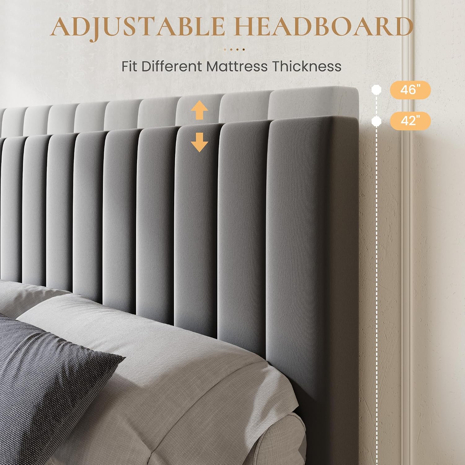 SHA CERLIN King Size Platform Bed Frame with 4 Storage Drawers, Vertical Channel Tufted Adjustable Headboard, Velvet Upholstered, Wooden Slats Support, No Box Spring Needed, Easy Assembly, Grey