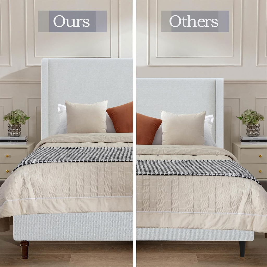 King Boucle Bed Frame with 54' Tall Headboard - Cream White Harper Wingback Upholstered Platform Bed Elegant Simplicity Bedroom Furniture Strong Mattress Wood Slats Support No Box Spring Needed
