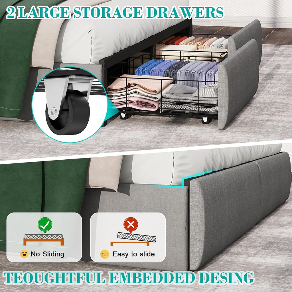 Doltoro Queen Bed Frame with Headboard and 2 Storage Drawers, Upholstered Wingback Platform Bed Frame Queen Size with Charging Station & LED, Noise Free, No Box Spring Needed, Easy Assembly, Grey