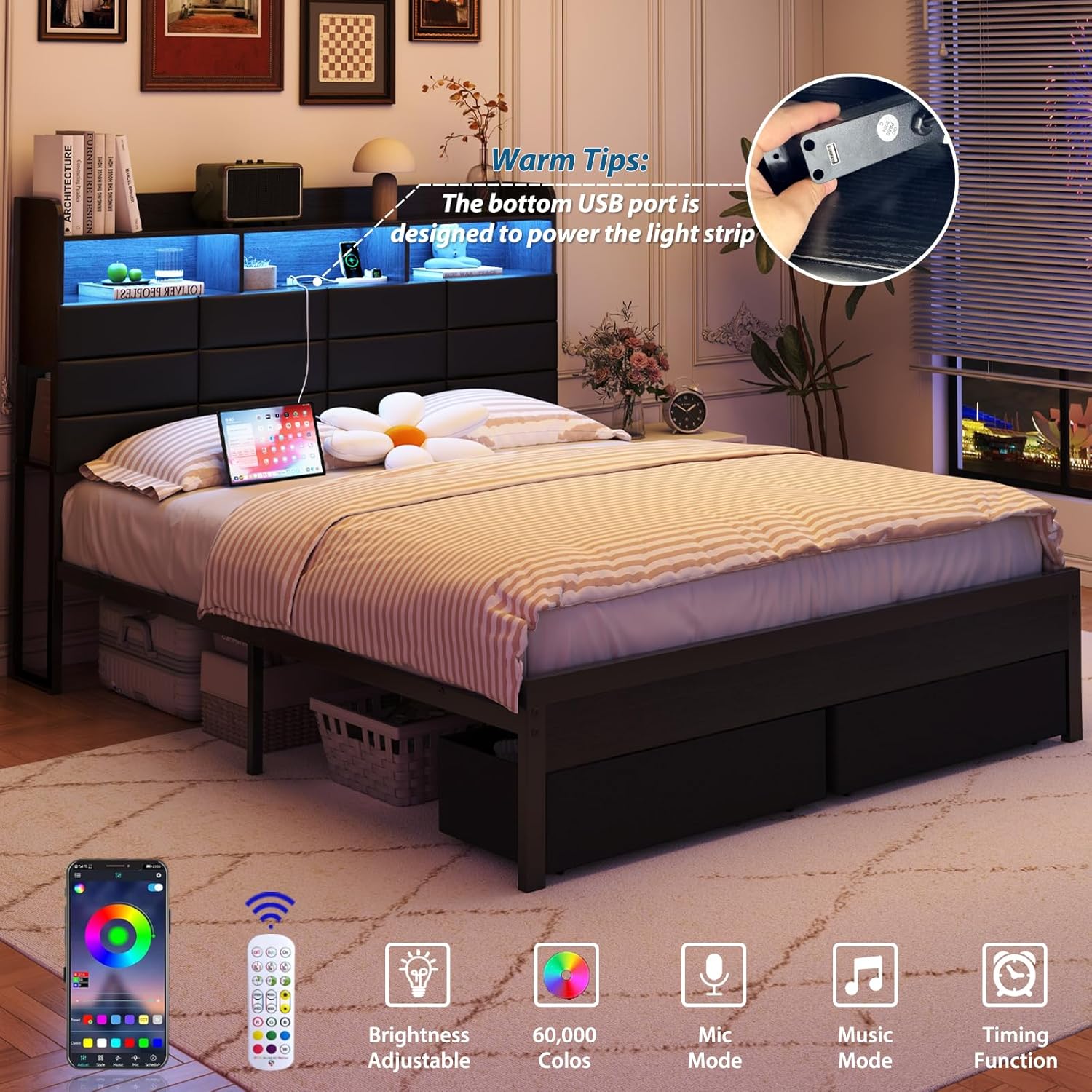 King Bed Frame with Storage Headboard, Upholstered Black Bed Frame with 4 Drawers, LED Lights, and Charging Station, Heavy-Duty Metal Slats Support, Noise-Free