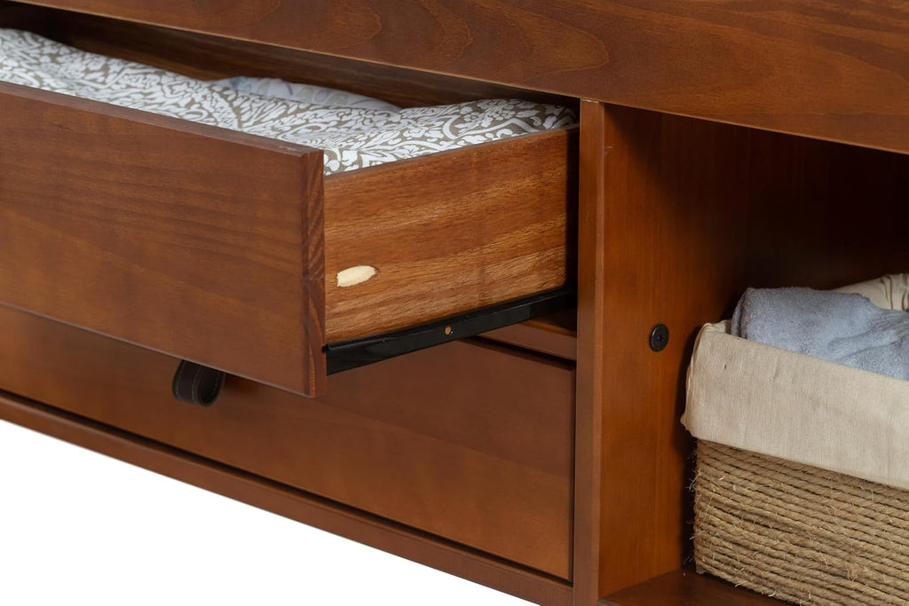 memomad Bali Slim Set: Storage Platform Bed with Drawers + Flat Panel Headboard (Full Size, Caramel Brown Wood)