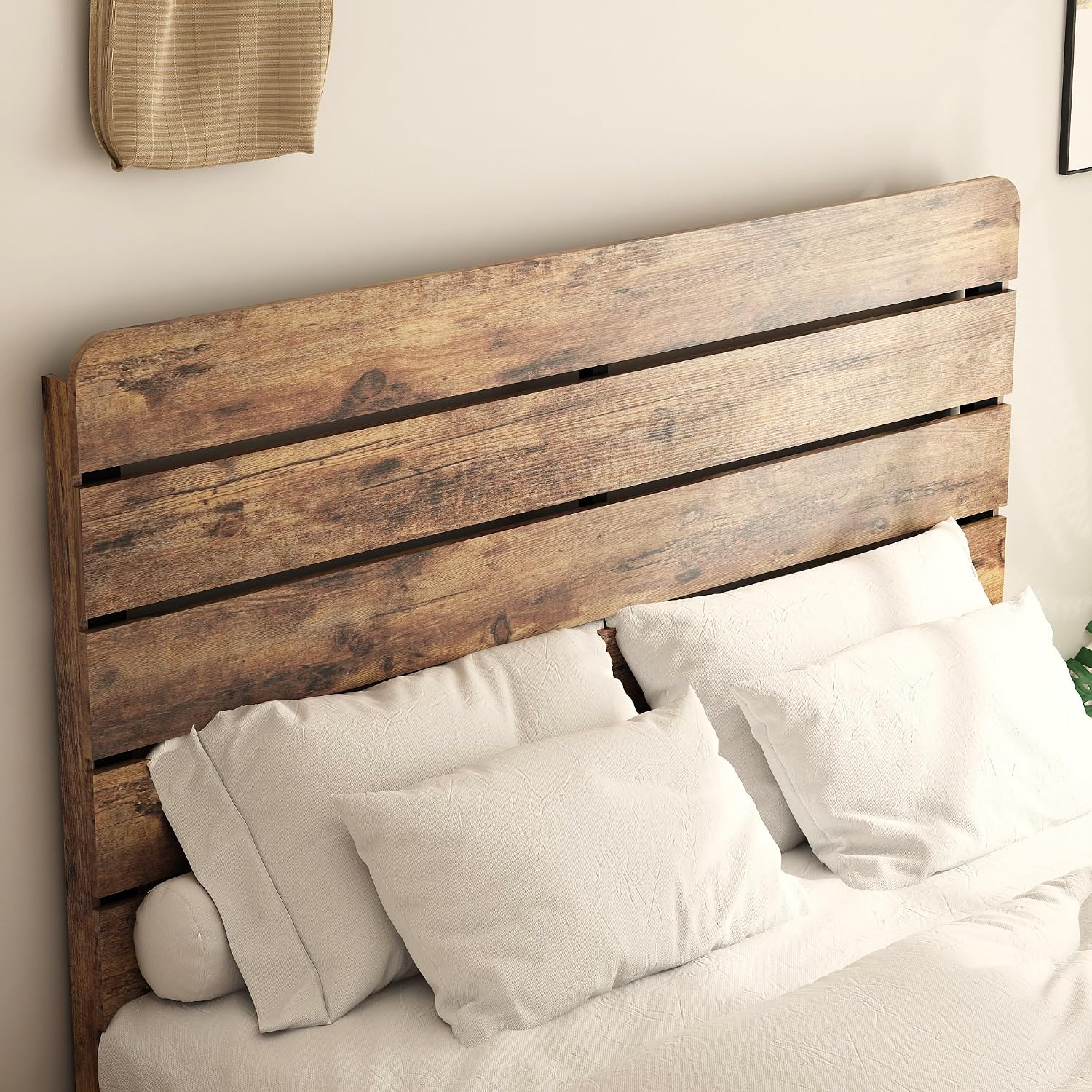 Wooden Full Size Bed Frame with Headboard, Rustic Farmhouse Platform Bedframe with Wood Slat Support, Sturdy and No Noise, Easy Assembly (Light Brown/Linear Headboard, Full)