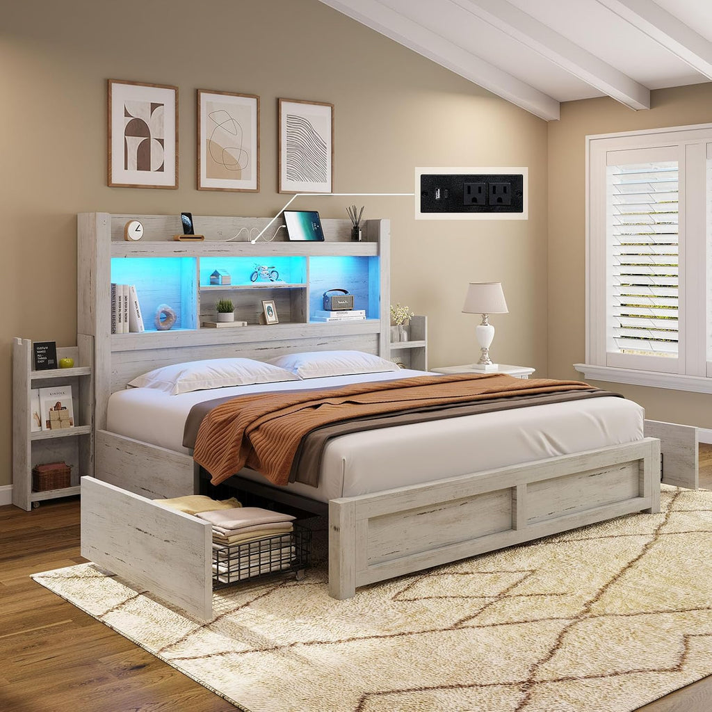 AMERLIFE Queen Bed Frame with 4 Storage Drawer, LED Bed Frame with 49.6' Tall Bookcase Headboard, Wood Platform Bed with Charging Station & 2 Slide Bedside Shelf, No Box Spring Needed/Distressed White