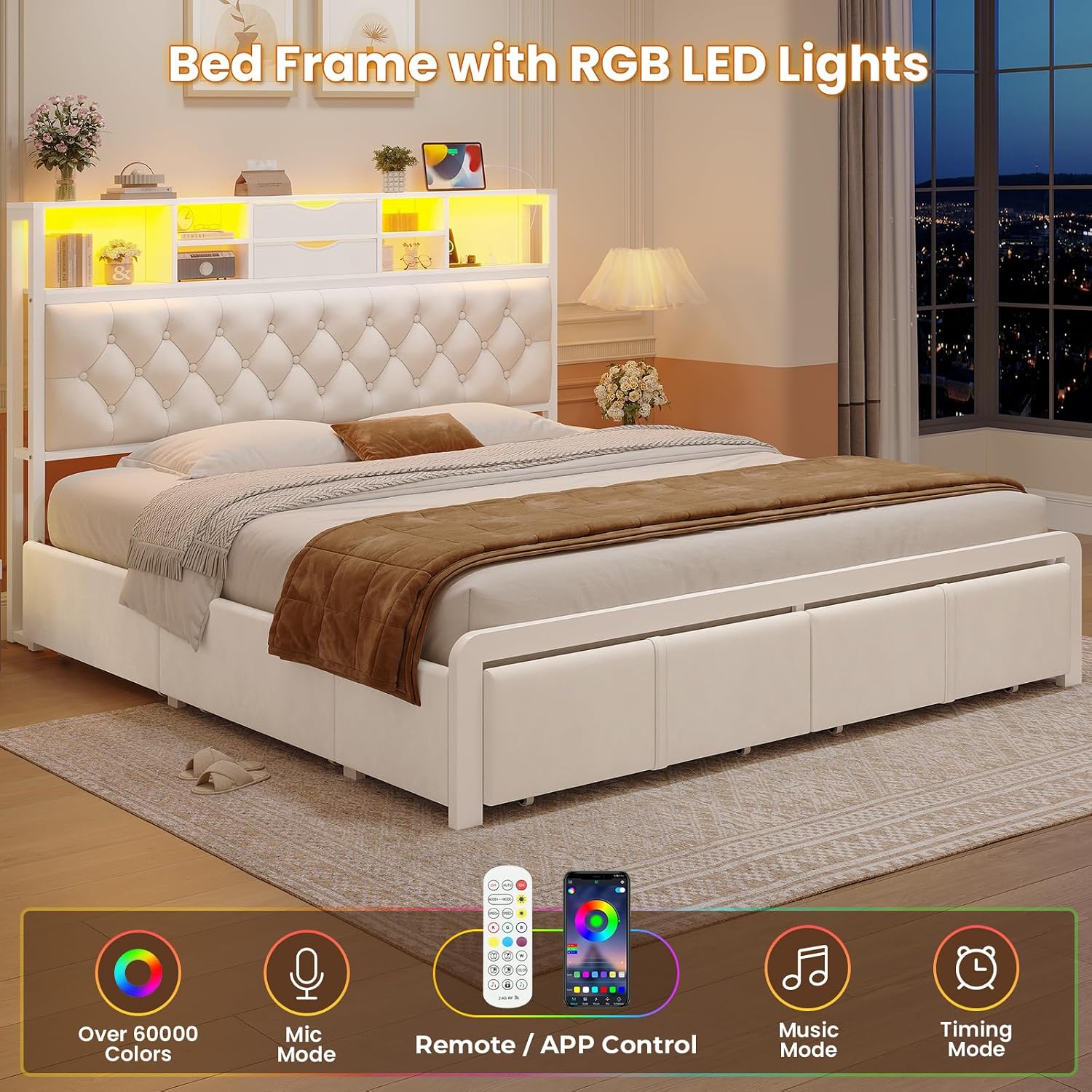 BTHFST Queen Size Bed Frame with 6 Storage Drawers and Headboard, Velvet Upholstered Queen Platform Bed with LED Lights & Charging Station, No Noise, No Box Spring Needed, Easy Assembly, Beige