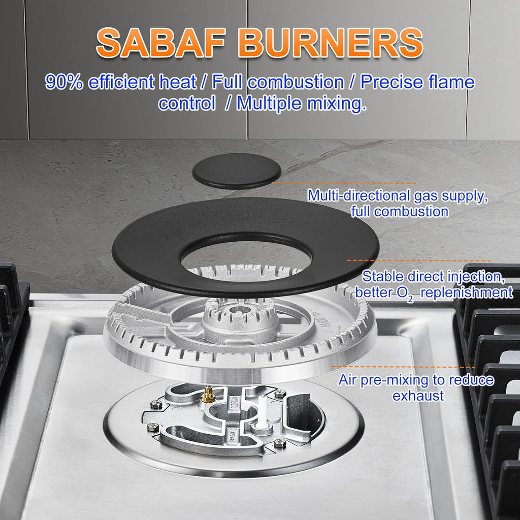 AMZCHEF 30 inch Gas Cooktop with 5 Made in Italy SABAF Power Burners.Max 48,300 BTU/hr Built-in Gas Stove top of 304 Stainless steel,NG/LPG Convertible, ETL.