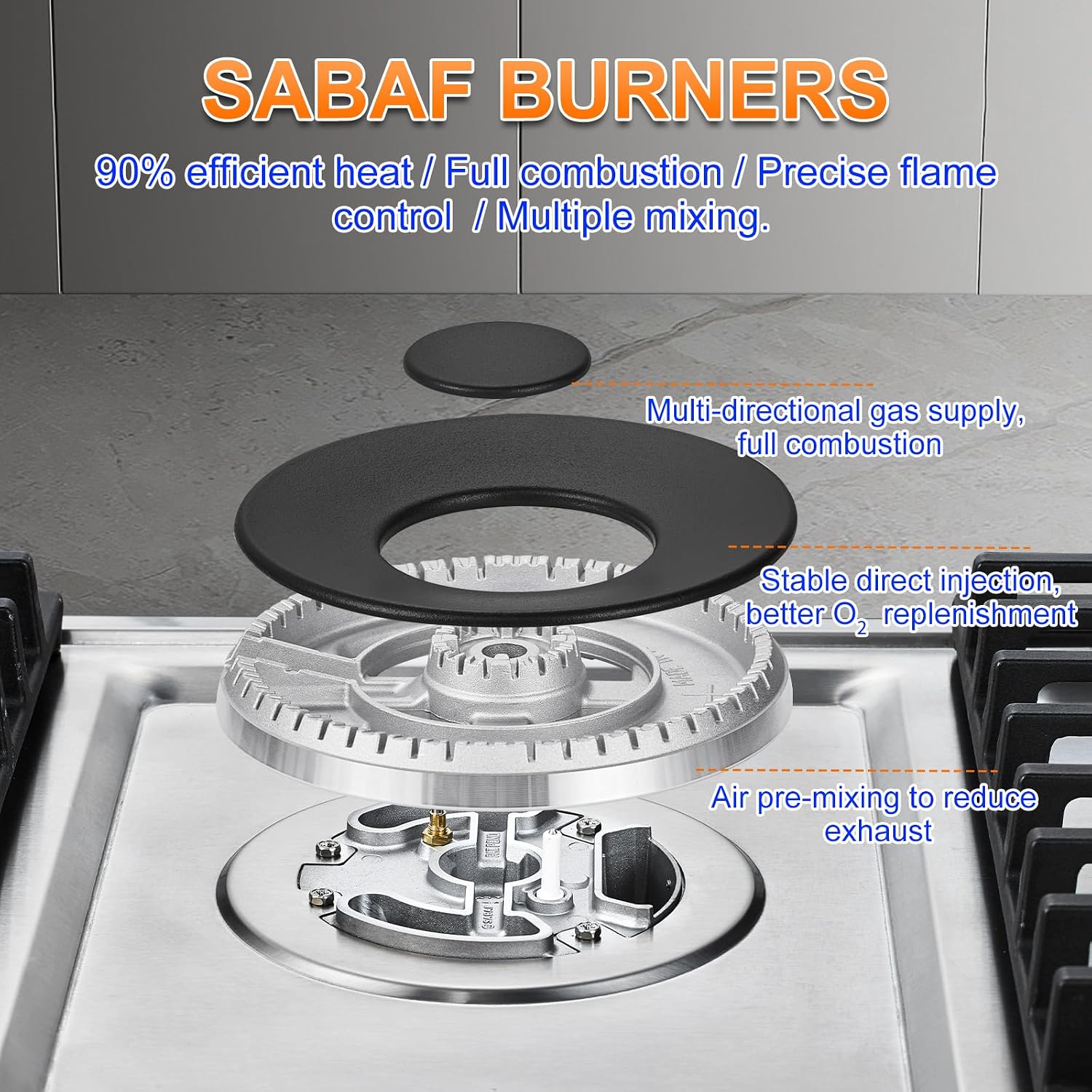 AMZCHEF 30 inch Gas Cooktop with 5 Made in Italy SABAF Power Burners.Max 48,300 BTU/hr Built-in Gas Stove top of 304 Stainless steel,NG/LPG Convertible, ETL.