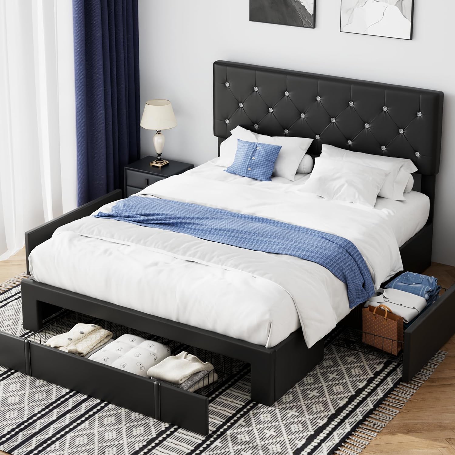VECELO Queen Size Bed Frame with 3 Storage Drawers, Leather Upholstered with Diamond Tufted Headboard, Solid Wood Slat Support & Steel Framework, PU & Black