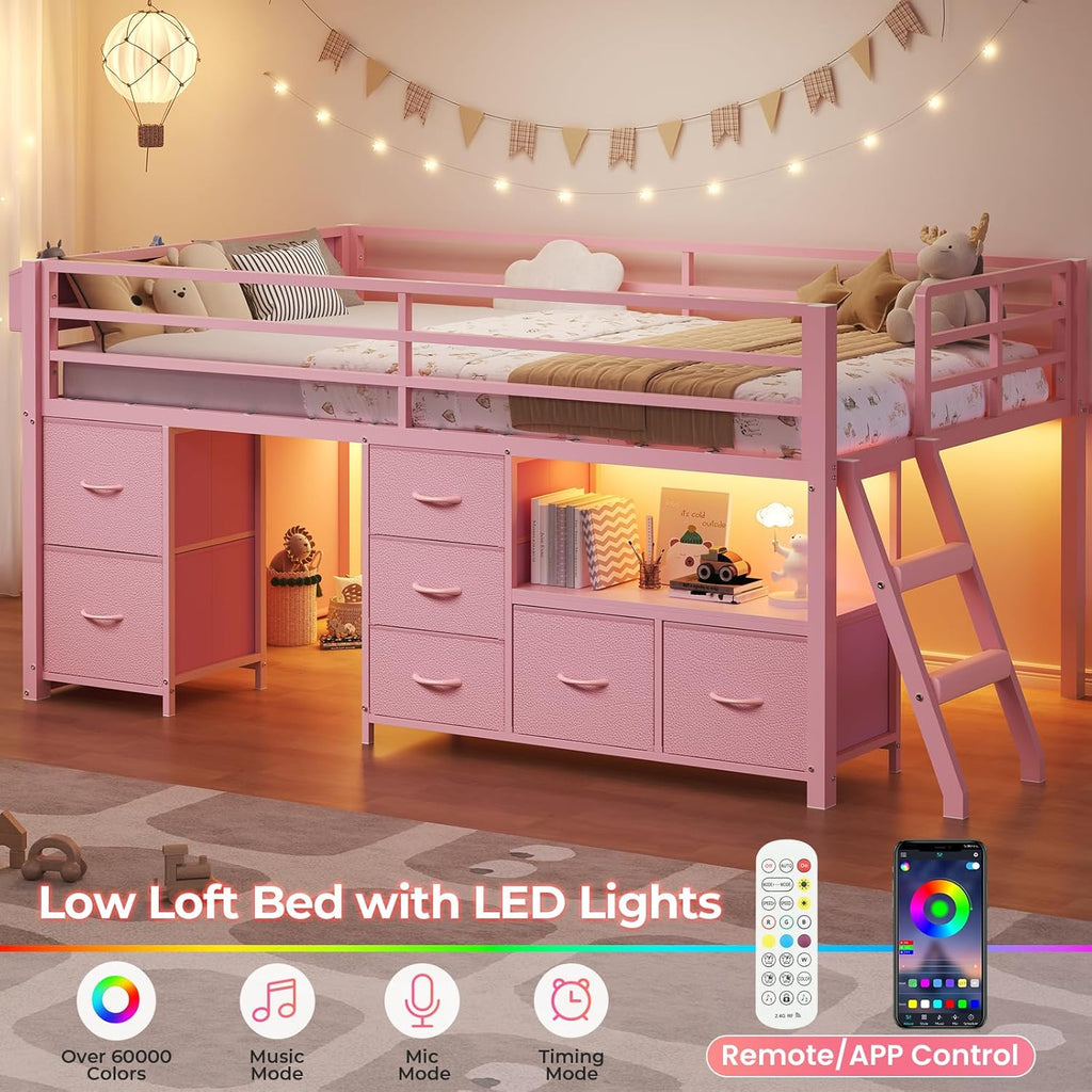 ADORNEVE Low Loft Bed Twin Size with 7 Storage Drawers, Bookcase and LED Lights, Metal Kids Loft Bed with 14' H Safety Guardrail,Inclined Ladder and Play Curtain, Under-Bed Play Space,Pink