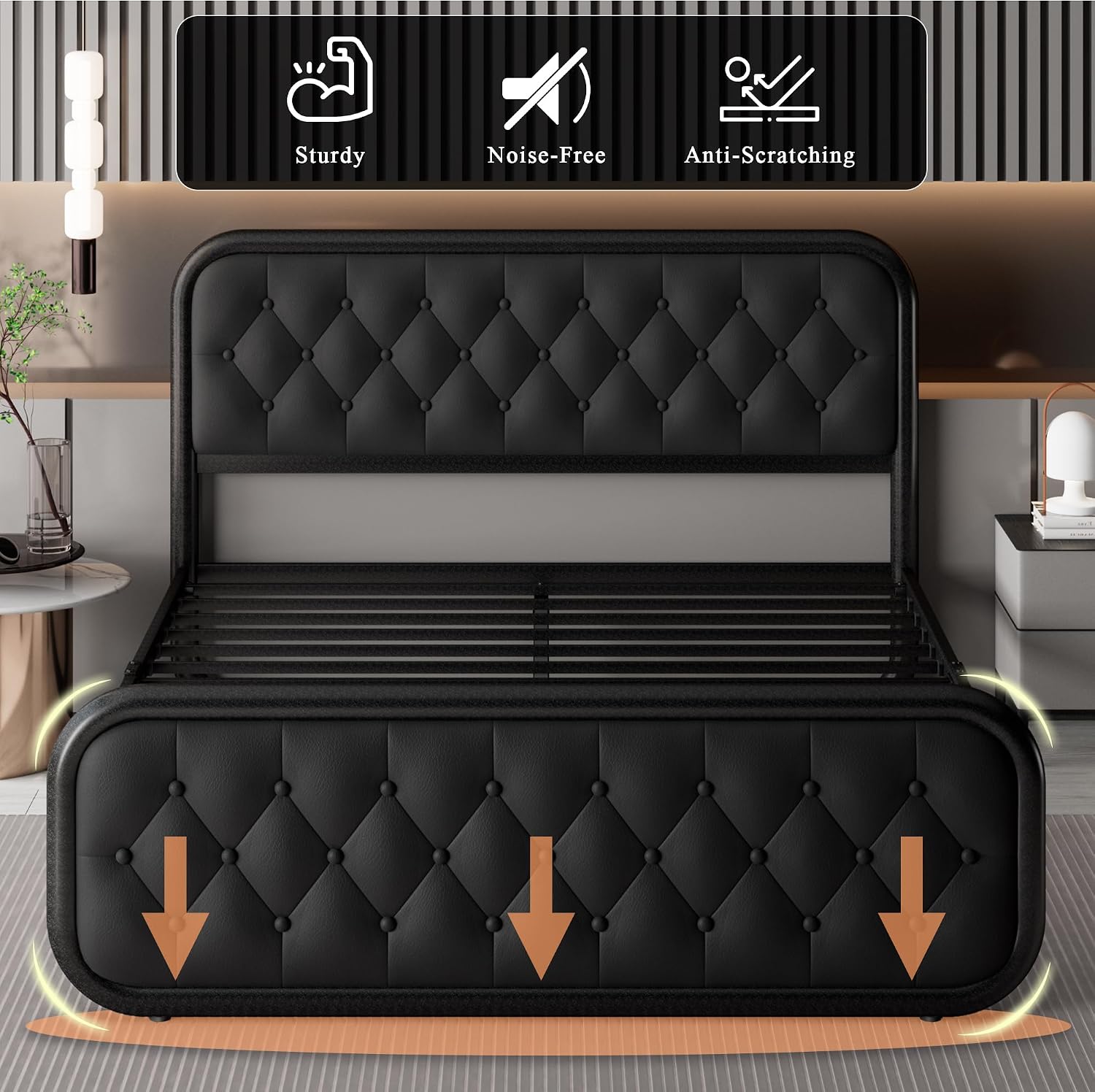 Feonase Full Size Bed Frame, Heavy Duty Bed Frame with Faux Leather Headboard, Upholstered Platform Bed with Strong Metal Slats, 12' Under-Bed Storage, Noise-Free, Easy Assembly, Black