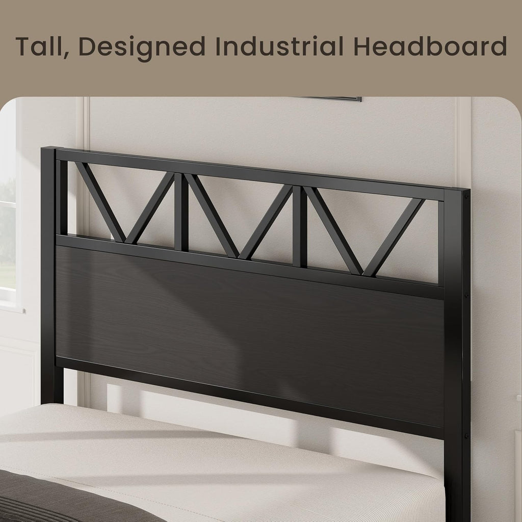 LIKIMIO Twin Bed Frames with 2 Storage Drawers, Charging Station and LED Lights, Platform Twin Bed with Headboard, Strong Metal Slats, No Box Spring Needed, Easy Assembly, Noise-Free, Black