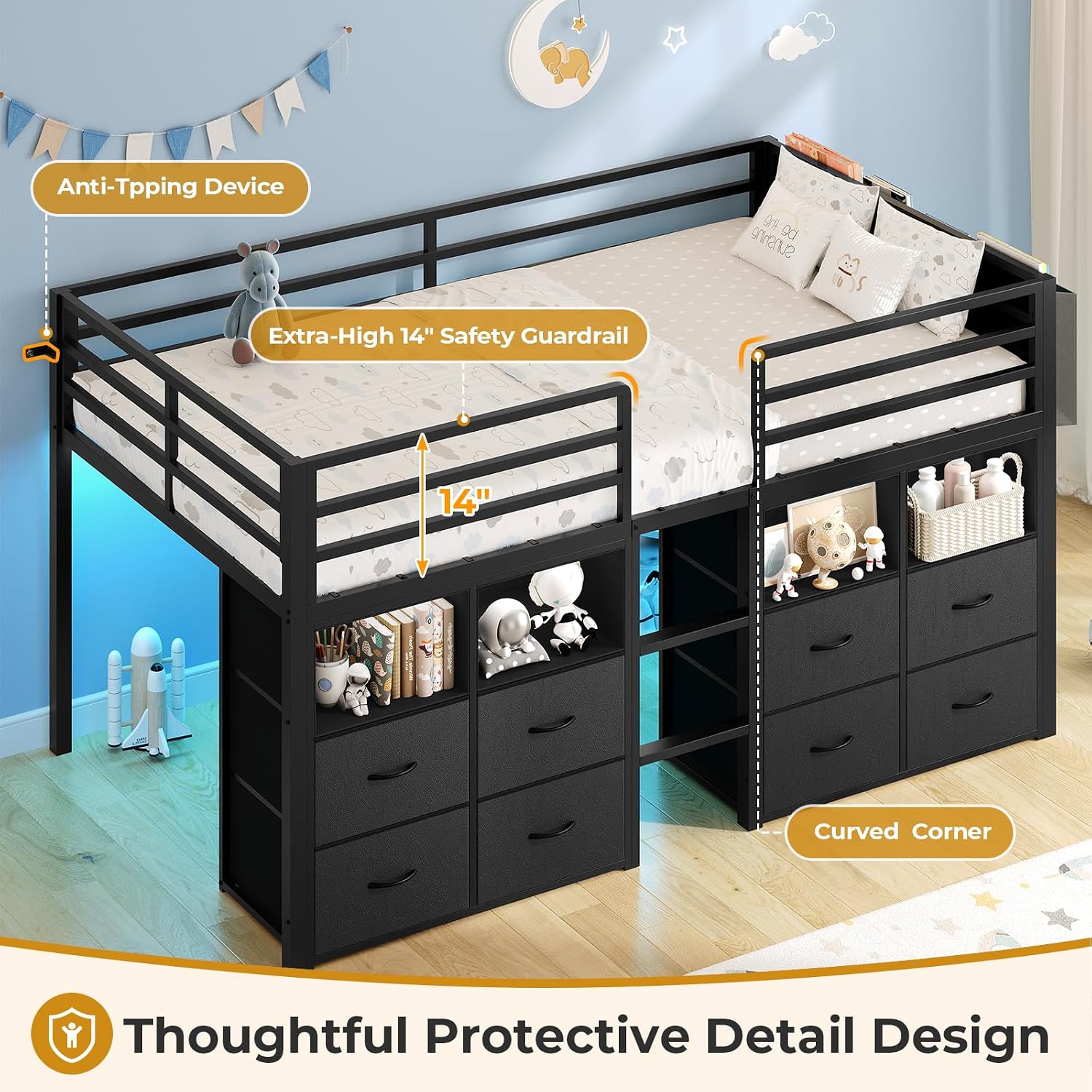 ADORNEVE Low Loft Bed Twin Size with 8 Storage Drawers, Twin Loft Bed with Bookcase and LED Lights, Metal Kids Loft Bed with 14' H Safety Guardrail, Under-Bed Play Space, No Box Spring Needed, Black