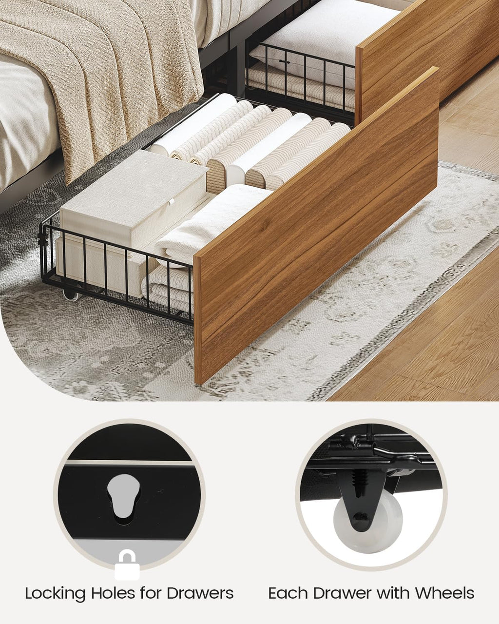 Queen Bed Frame with 4 Storage Drawers and 3 Tier Storage Headboard, Black Wooden Bed Frame Queen Size with Charging Station and 3 Color- Lightbox, No Box Spring Needed,Wood