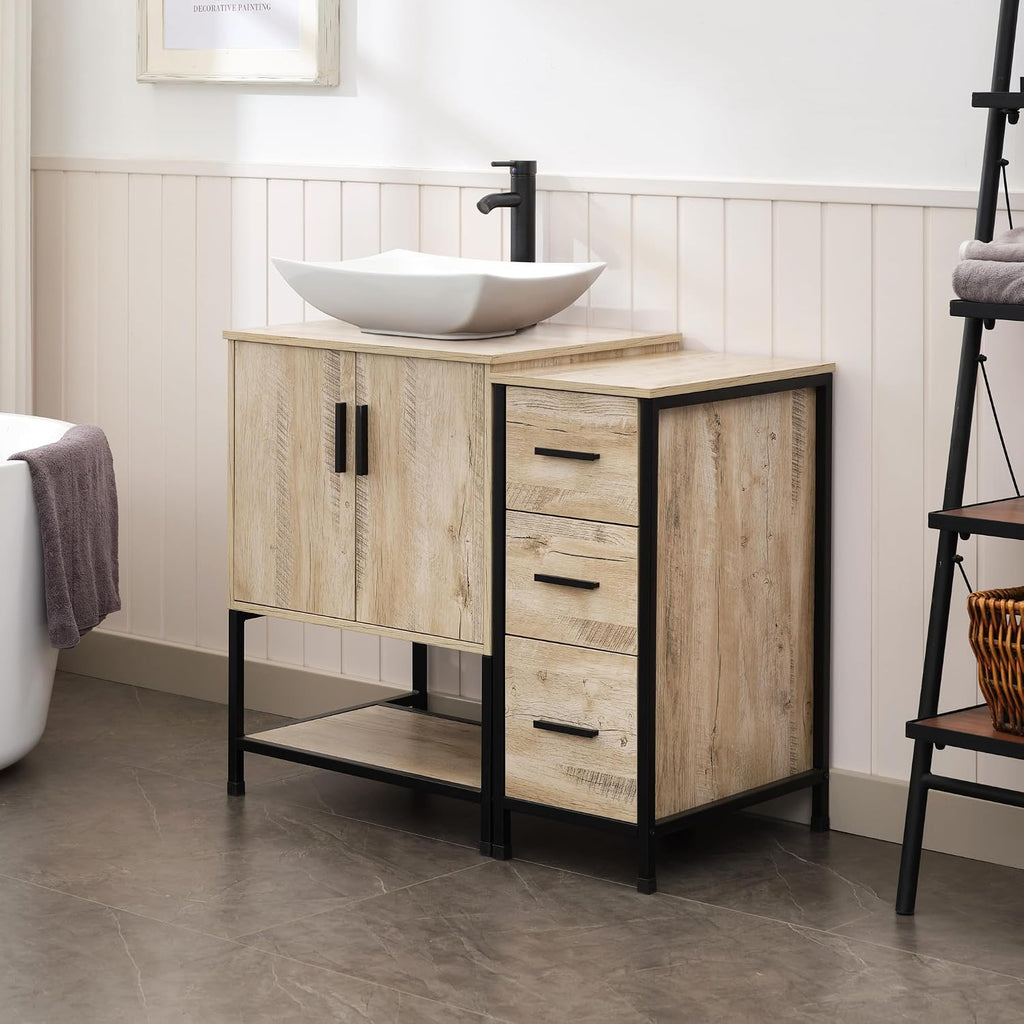 UEV 36' Rustic Oak Bathroom Vanity with Sink Combo,Industrial Iron Frame Bathroom Cabinet Sets with 3 Drawers Side Cabinet,Modern Artistic Ceramic Vessel Sink(032WH)