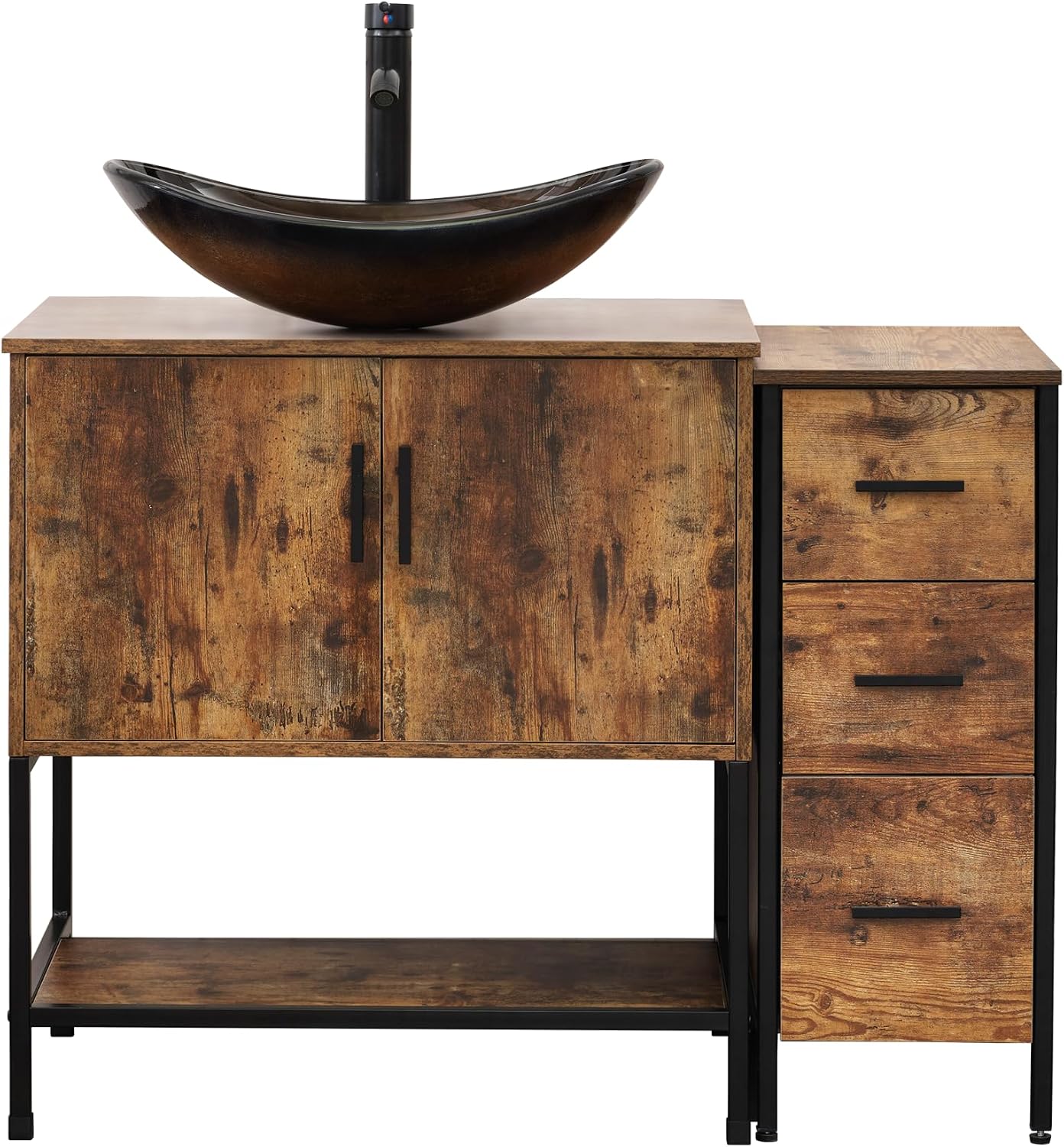 UEV 42' Rustic Brown Bathroom Vanity with Sink Combo,Industrial Iron Frame Bathroom Cabinet Sets with 3 Drawers Side Cabinet,Modern Champagne Boat Tempered Glass Vessel Sink(029CH)