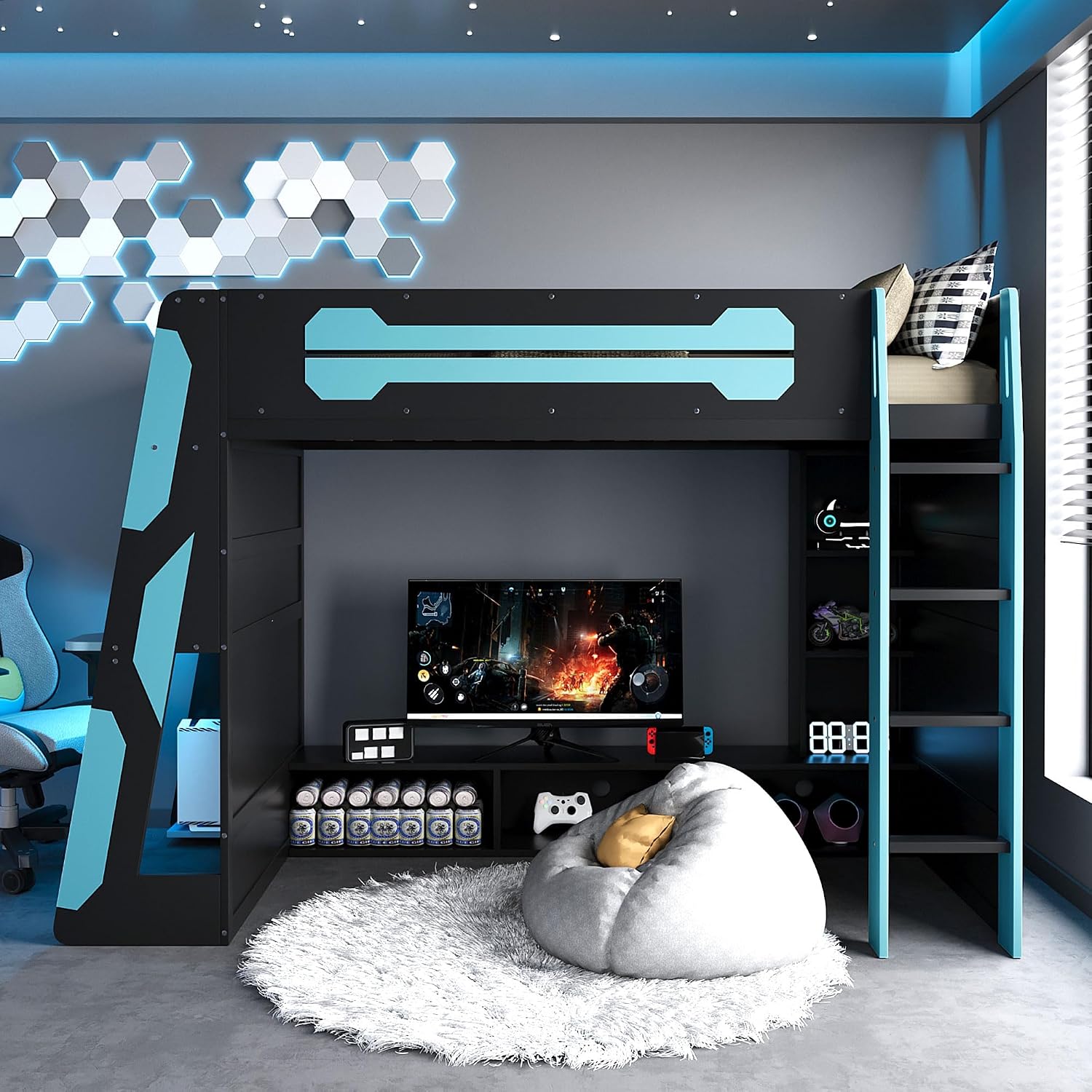 Bellemave Gaming Loft Bed with Desk and Lights, Twin Loft Bed with Storage Shelves and Work Station, Wood Loft Bed Frame for Kids, Boys, Girls, Teens, No Spring Box Needed & Dedicated Style, Blue