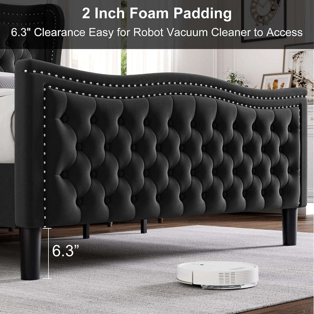 King Bed Frame with Tall Headboard & Footboard, Velvet Upholstered Platform Bed Frame with Deep Button Tufted Wingback, No Box Spring Needed, Noise Free, Black