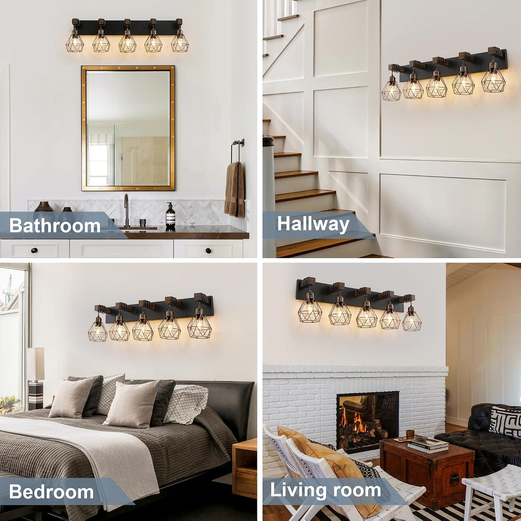 Black Gold Farmhouse Bathroom Light Fixtures, 5-Light Bathroom Lighting Fixtures Over Mirror, Rustic Wood Vanity Lights Wall Sconces with Metal Lampshade for Living Room