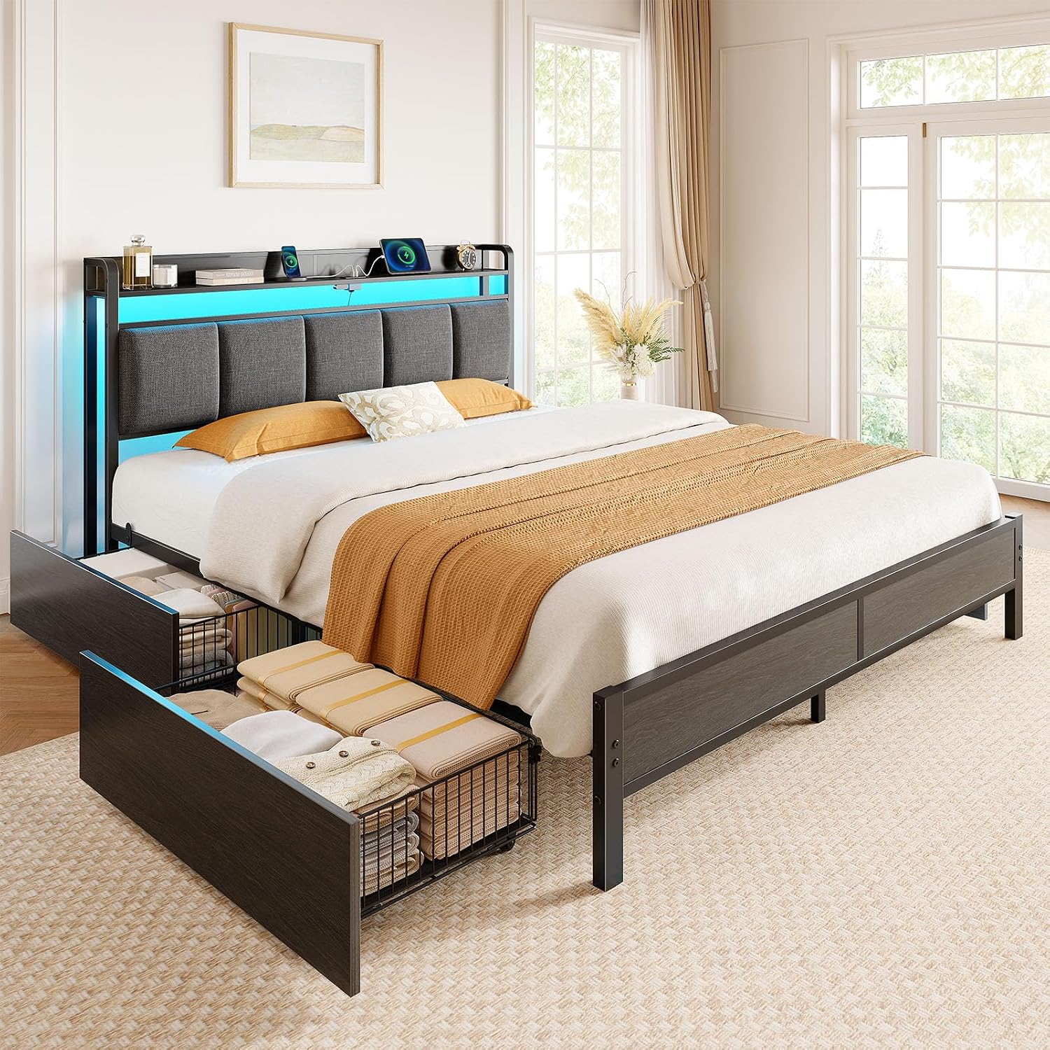 Rolanstar Bed Frame Queen Size with Charging Station and LED Lights, Upholstered Storage Headboard with Drawers, Heavy Duty Metal Slats, No Box Spring Needed, Noise Free, Easy Assembly, Dark Grey