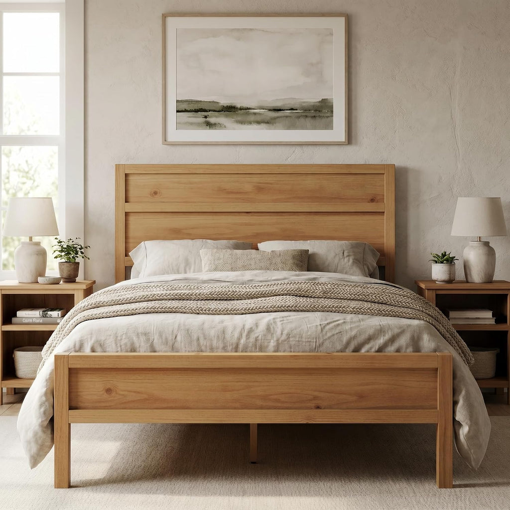 ComfIQ Solid Wood Platform Bed with Wooden Slats – Durable Frame, No Box Spring Required, Ample Underbed Storage, Pine, Queen, Bed and Clean-Line Headboard