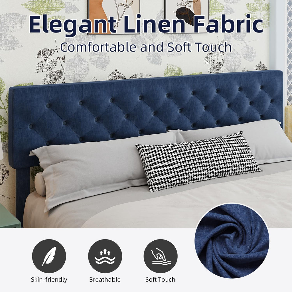 BarnFurin King Size Bed Frame, Upholstered Platform Bed Frame King with Button Tufted Headboard, Wooden Slats Support, No Box Spring Required, Easy Assembly, Navy Blue