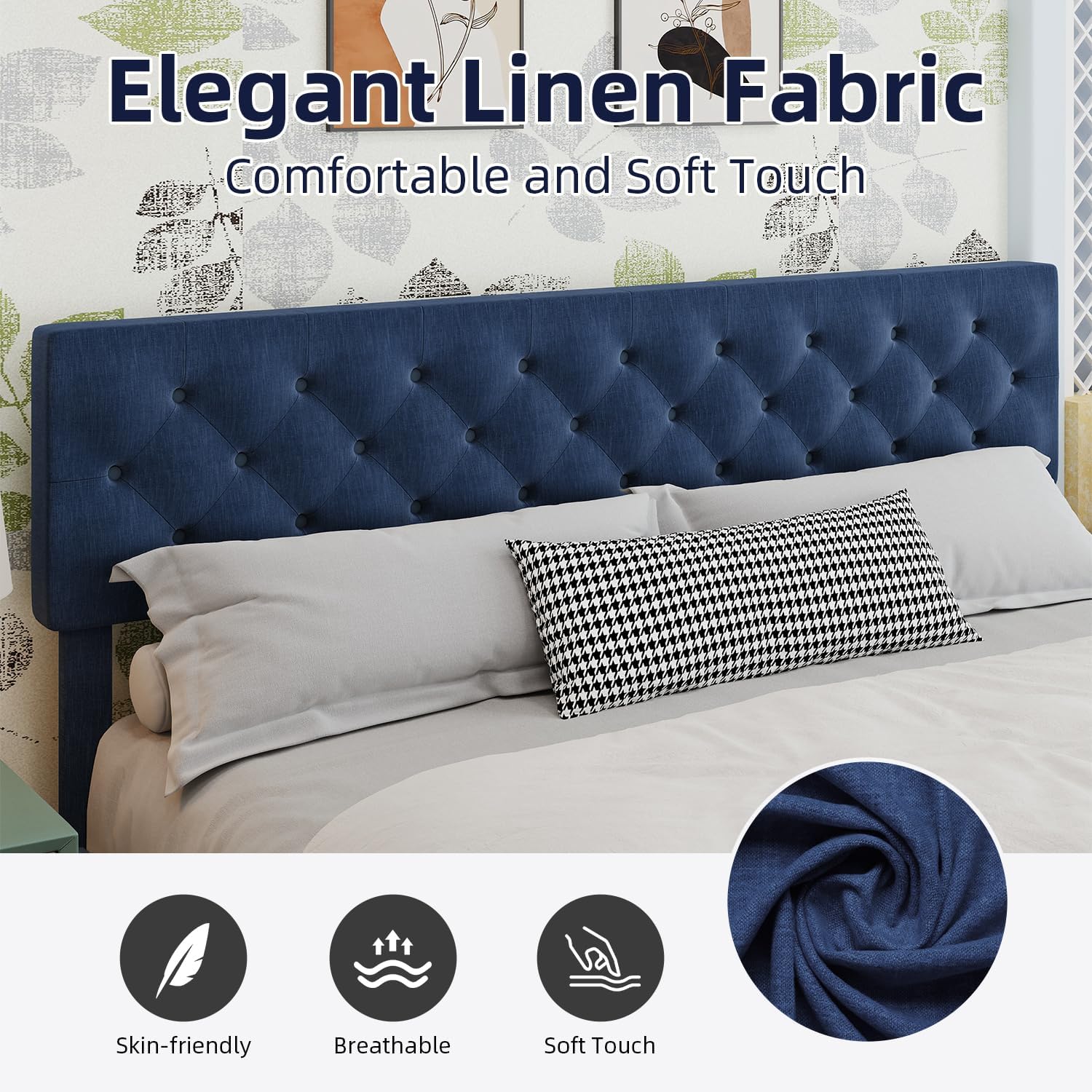 BarnFurin King Size Bed Frame, Upholstered Platform Bed Frame King with Button Tufted Headboard, Wooden Slats Support, No Box Spring Required, Easy Assembly, Navy Blue