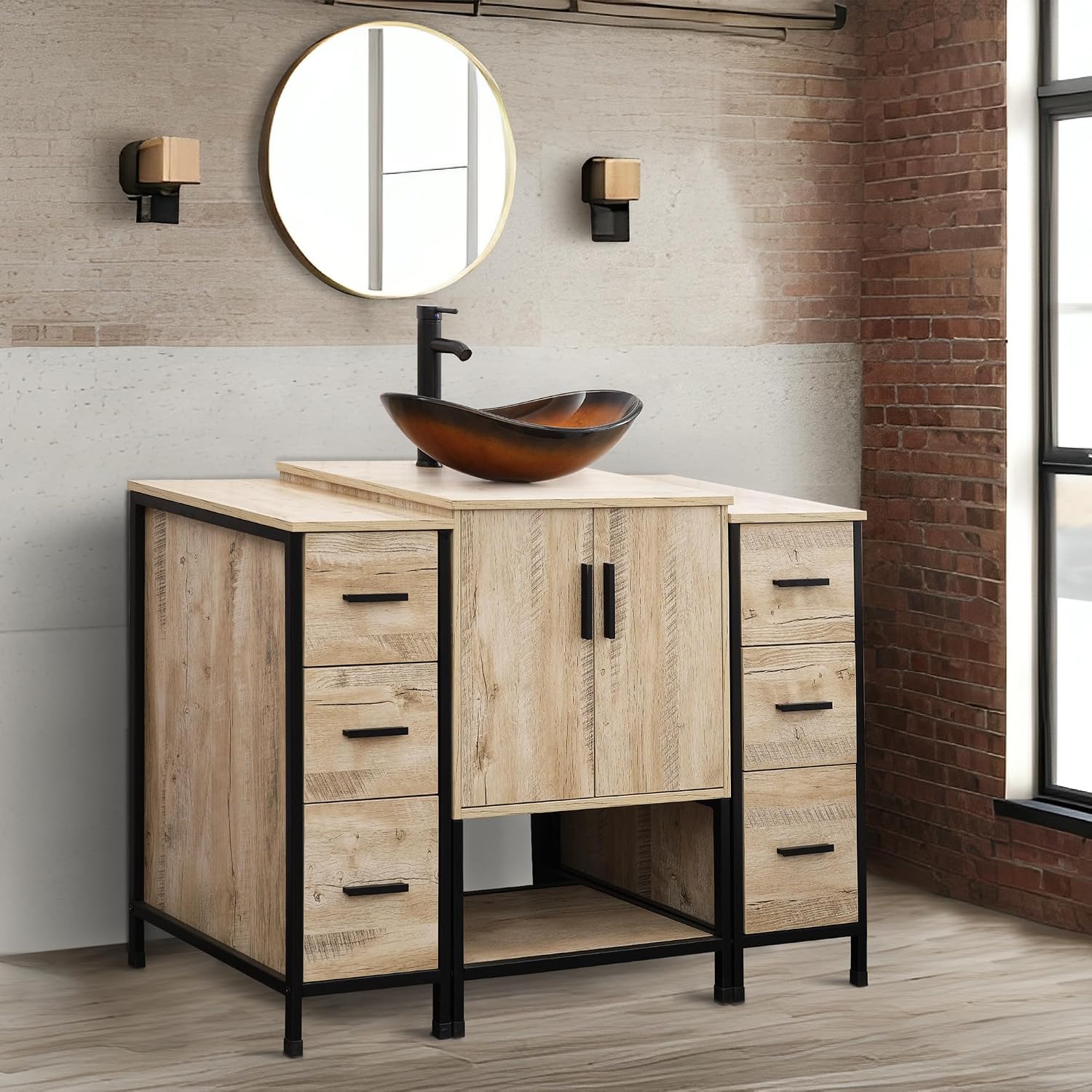 UEV 48' Rustic Oak Bathroom Vanity with Sink Combo,Industrial Iron Frame Bathroom Cabinet Sets with Double 3 Drawers Side Cabinet,Modern Brown Boat Tempered Glass Vessel Sink(029BR)