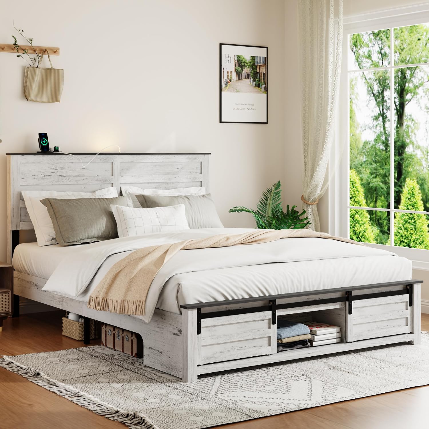 Wooden Queen Size Bed Frame with Headboard, Boho White Farmhouse Storage Bedframe with Sliding Barn Door Footboard and Charging Station, Wood Slats, No Box Spring Needed