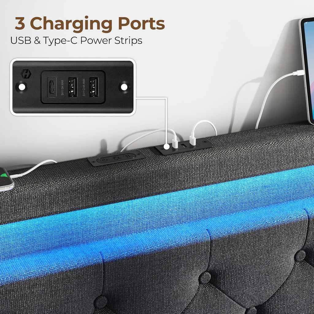Rolanstar Full Size Bed Frame with Charging Station, LED Bed with Under Bed Storage, Adjustable Headboard 38.9/40.8 Inches, No Box Spring Needed, Noise Free, Easy Assembly, Grey