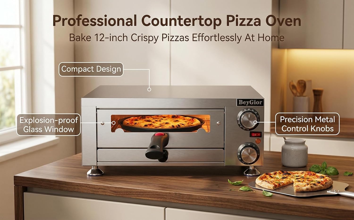 Electric Pizza Oven Indoor,12 inch Countertop Pizza Maker with Viewing Window,Stainless Steel Commercial Pizza Oven, Removable Handle,Dual Baking Trays and Oven Mitts