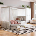 Twin Size Linen Upholstered Canopy Bed with Trundle and 3 Storage Drawers for Bedroom, Guest Room (Twin)