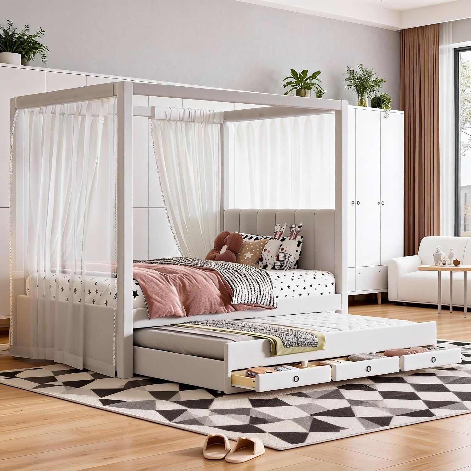 Twin Size Linen Upholstered Canopy Bed with Trundle and 3 Storage Drawers for Bedroom, Guest Room (Twin)