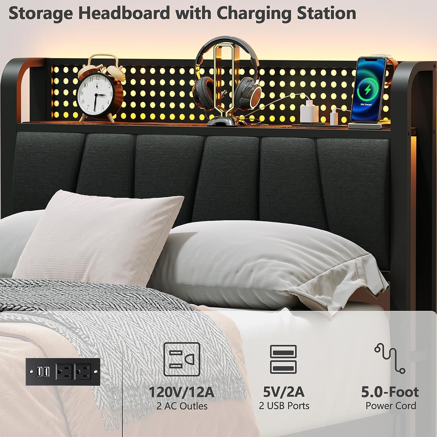 Furnulem Twin Bed Frame with LED Light and Charging Station, Grey Upholstered Storage Headboard with Shelf, Metal Platform Bed with Heavy Duty Slats, No Box Spring Needed, Noise Free & Easy Assembly