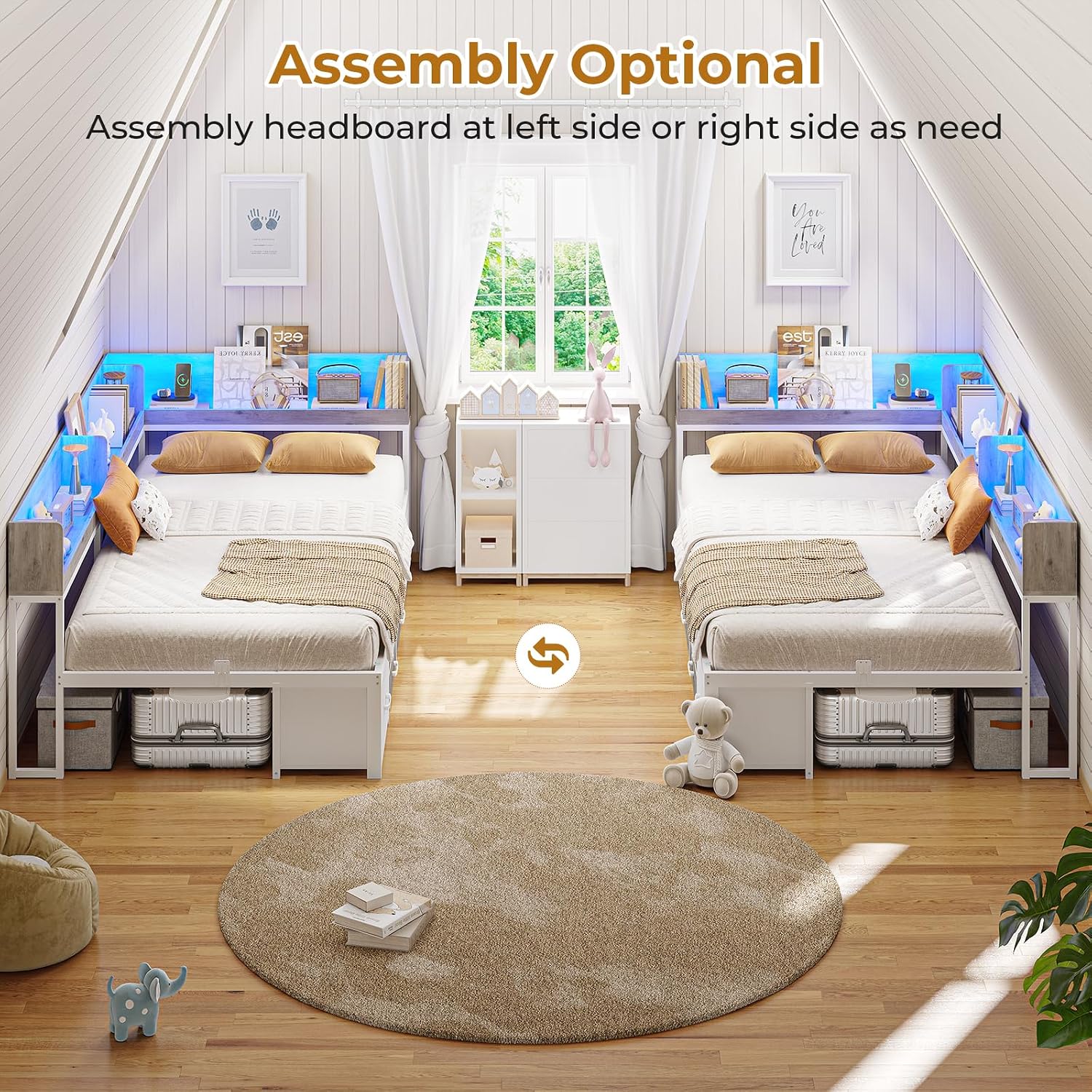 MSmask 14 Inch Corner Bed Frame with Bookcase Storage, Twin XL Daybed with 6 Drawers, Charging Station and LED Light, Twin XL Size Metal Platform Bed Frame for Kids Teenagers, White & Oak Grey